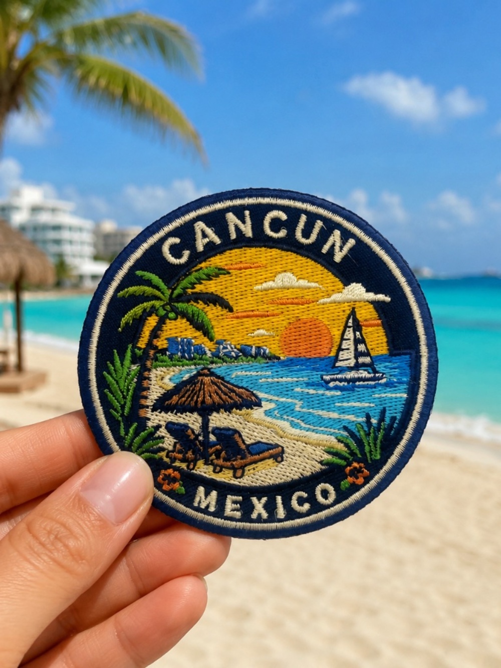 Cancun Mexico Beach Patch 3" Embroidered Iron On Travel Souvenir Badge